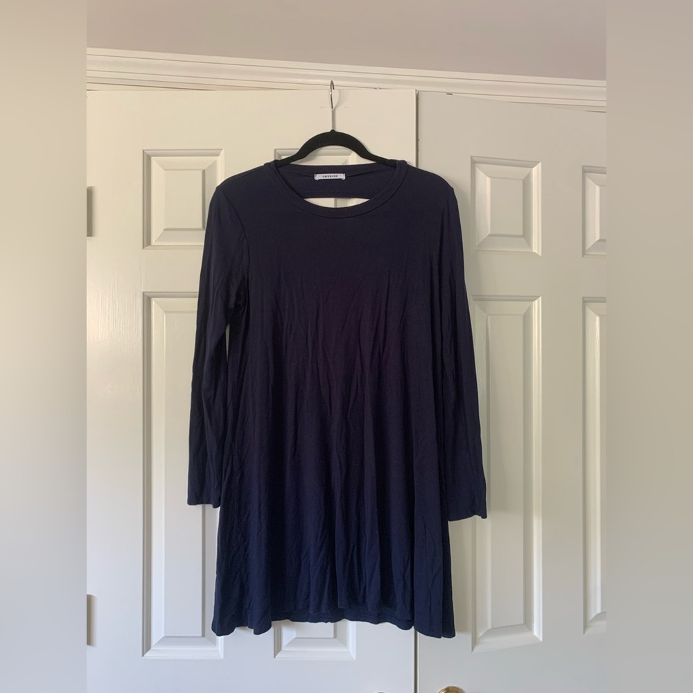 Navy Open Back Long Sleeve Shift Dress